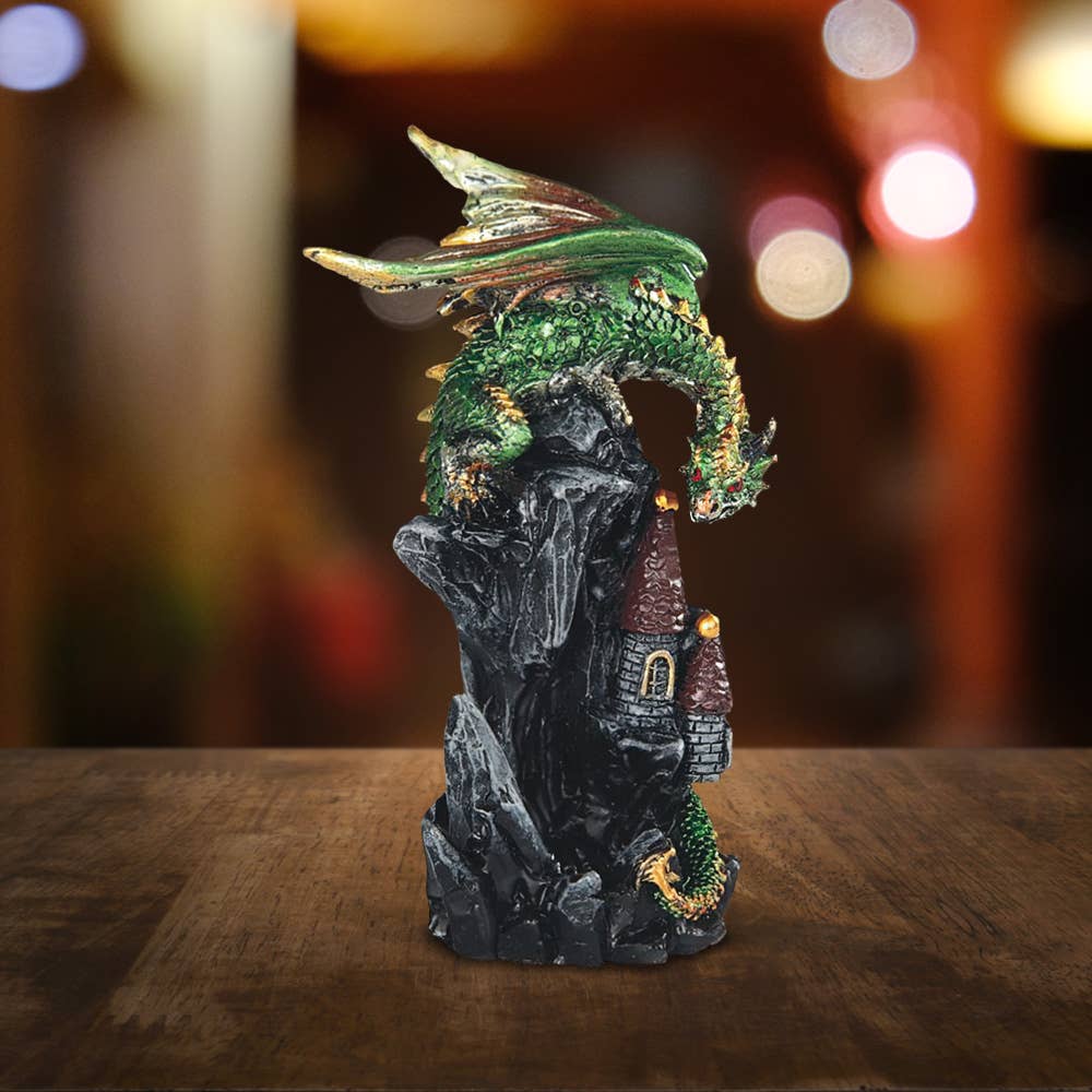 4"H Medieval Green Dragon on Castle Figurine Home Decor Gift