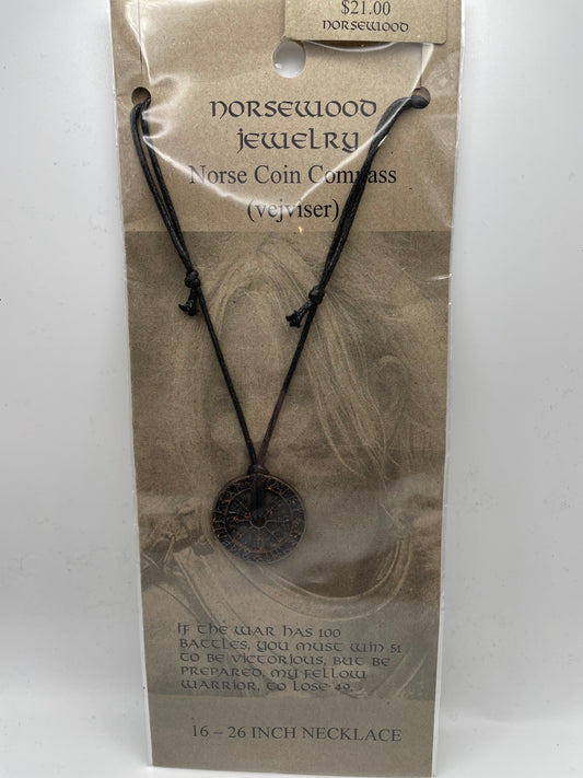 Antiqued Norse Coin Compass Necklace w/cord